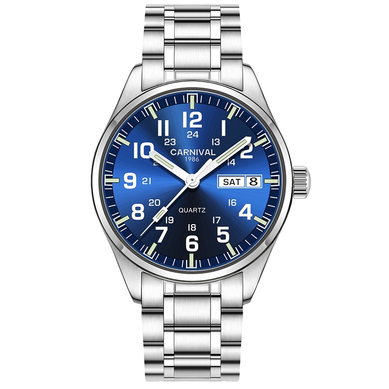 瑞士嘉年华CARNIVAL手表复古男士石英表 男双日历防水手表休闲时尚男表高清夜光大数字刻度精钢腕表8638G