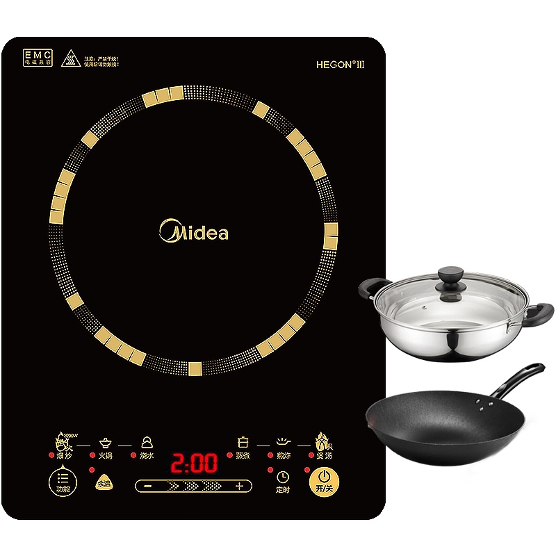 美的(Midea)电磁炉2200W大火力5档滑控调节4D防水纤薄机身旋磁叠式线圈盘智能电磁灶C22-WT2203