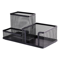 正彩2462 金属网纹圆形笔筒 简约创意金属网纹办公笔筒 三格笔筒 黑色