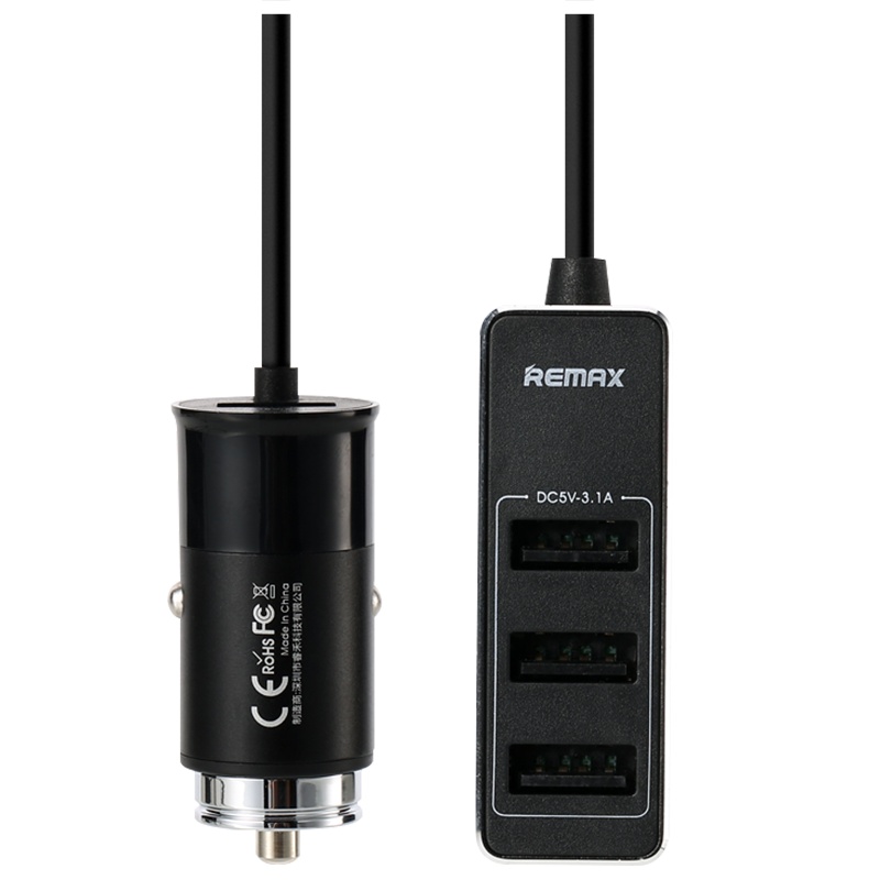 REMAX瑞亚4USB口多功能车载充电器 一拖三后座拓展延长线1.5米快充车载充头 兼容 华为小米iPhone 手机充电