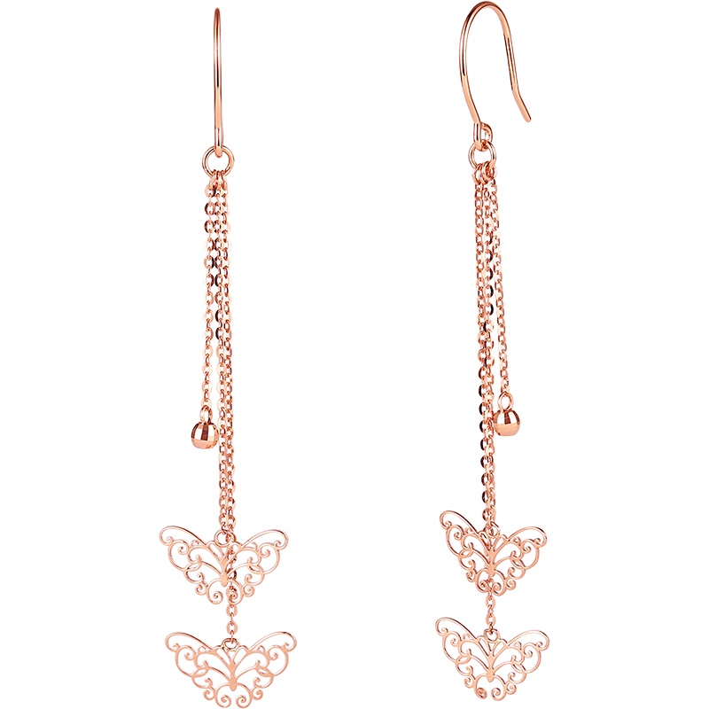 周大生18K金耳线女玫瑰金蝴蝶耳坠耳环中国风耳饰