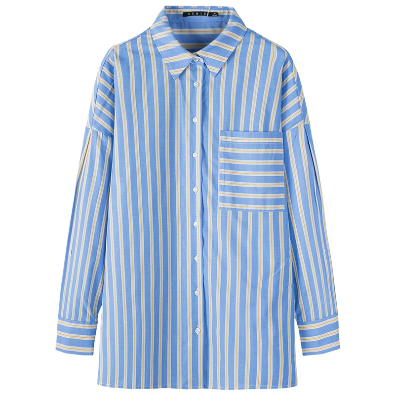 森马条纹衬衫女长袖设计感小众2020春季中长款BF风洋气宽松寸衫潮