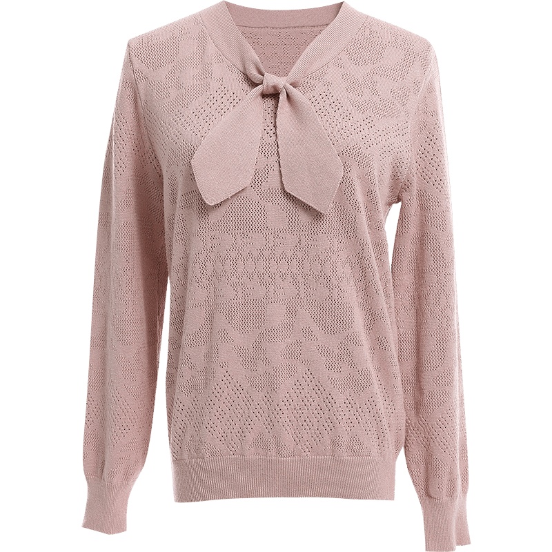 欧昵雪镂空蝴蝶结系带套头毛衣女长袖V领针织衫上衣