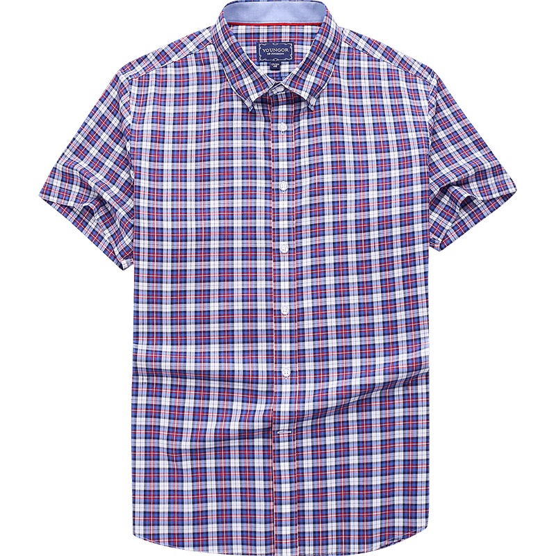 Youngor/雅戈尔夏季短袖衬衫官方中青年休闲修身棉格子衬衣男090NKY
