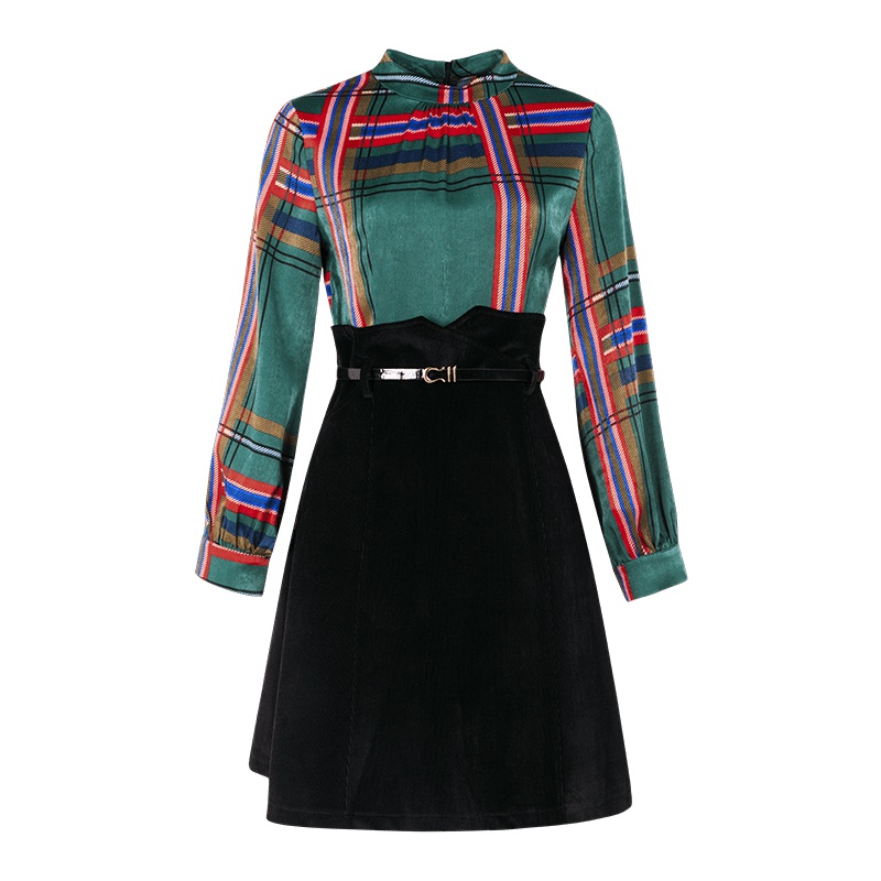 晚白女裙装2019新款小立领灯笼袖条纹收腰中长款假两件连衣裙