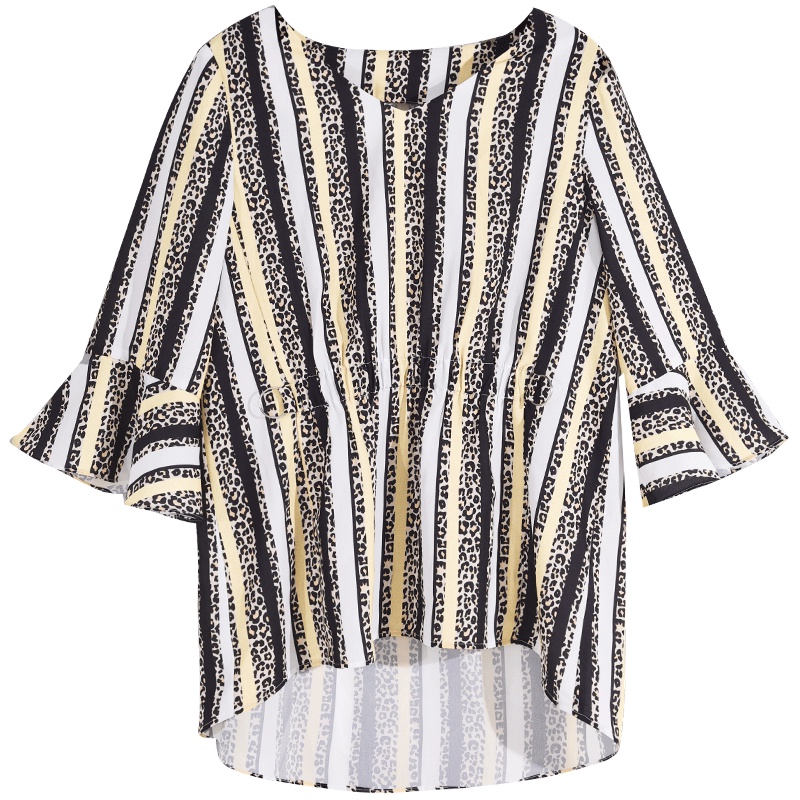 娅丽达女装2019夏季新款雪纺衫女宽松七分荷叶袖V领韩版印花小衫I6107