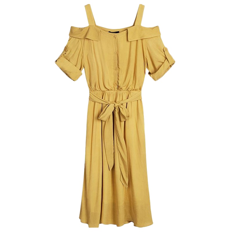 拉夏贝尔吊带连衣裙女一字领中长款淑女夏季新款显瘦休闲雪纺收腰裙子_491 S色