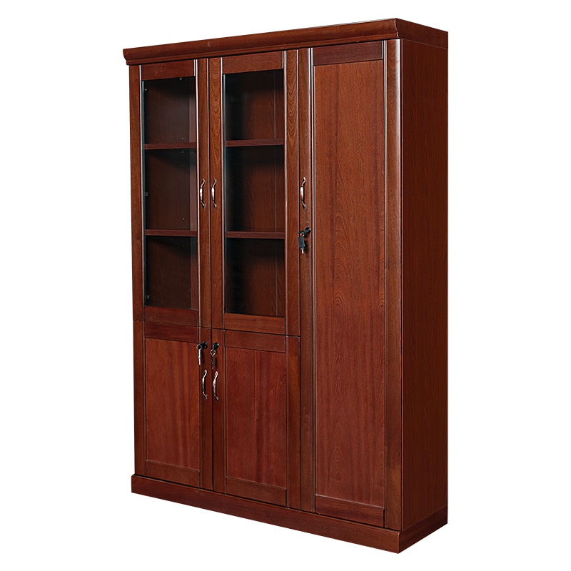 【红心家居】贴木皮油漆3门书柜带锁办公文件柜资料柜玻璃门书柜