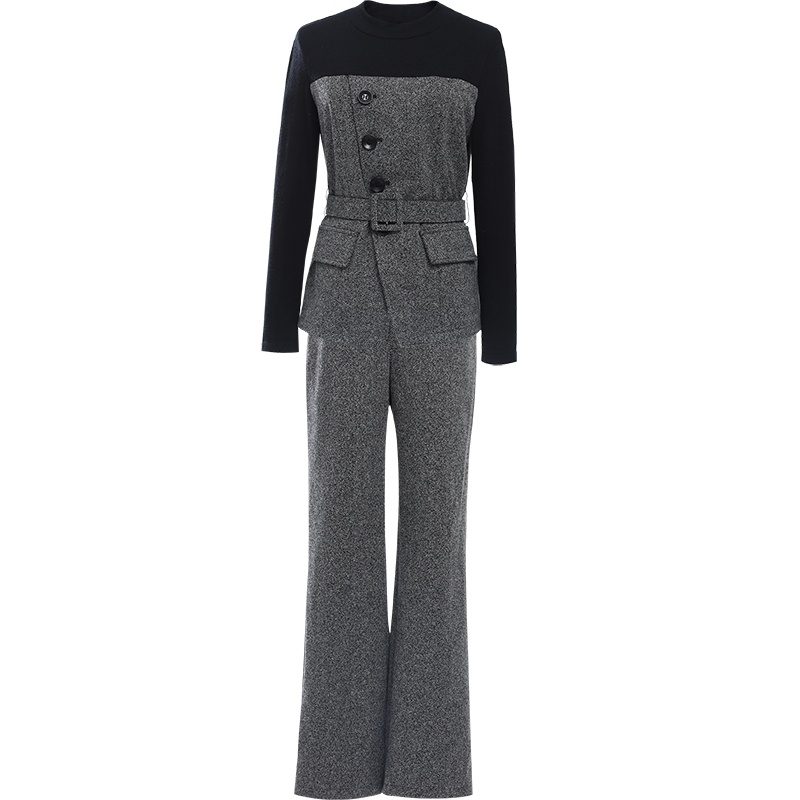 欧昵雪立领针织收腰呢子上衣女高腰阔腿裤两件套装