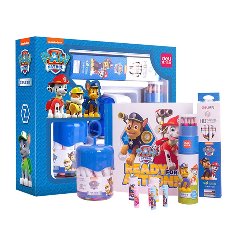 得力文具汪汪队立大功套装学生文具套装礼盒安全学生书写卷笔刀铅笔水彩笔彩铅橡皮擦图画本套装68893LAN