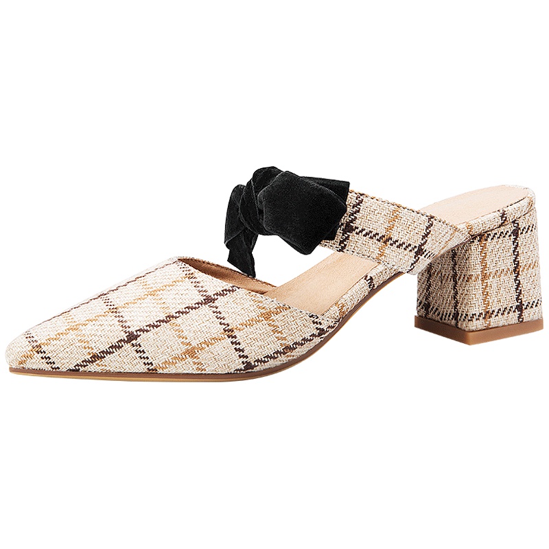 阿么网红穆勒鞋女格子蝴蝶结粗跟高跟鞋包头半拖鞋外穿中跟凉拖鞋