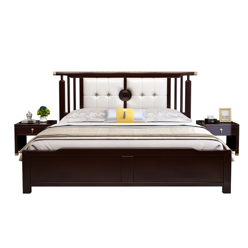 月影梳桐新中式床小户型1.8米双人主卧室全实木皮软包床1.5m现代结婚大床