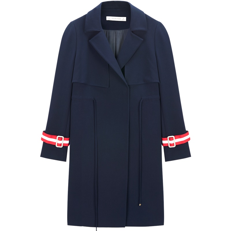 爱居兔春装2019女装藏青色收腰中长款风衣外套