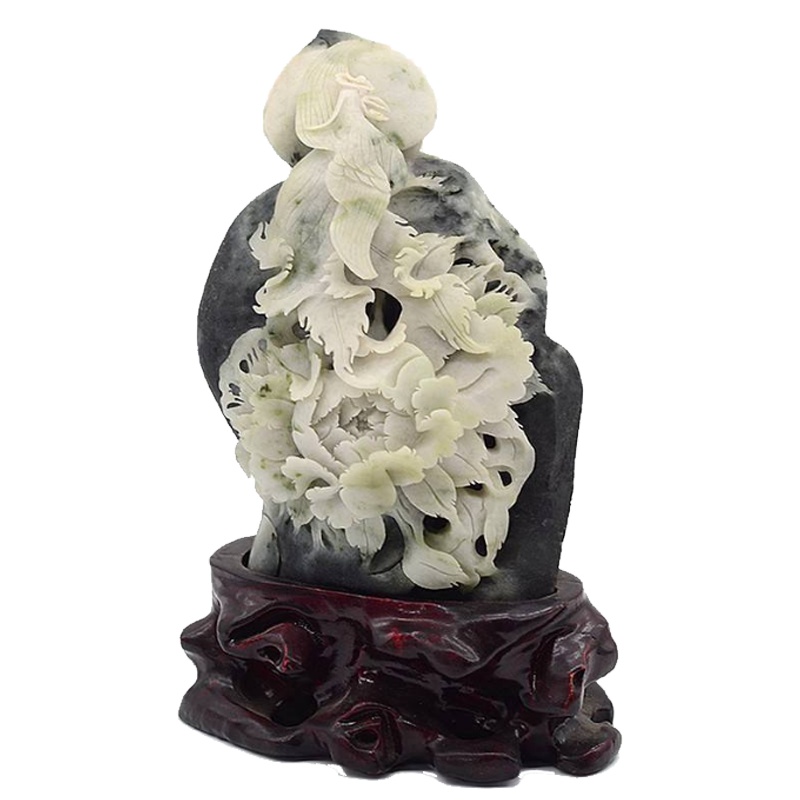 臻玉盈 天然玉石摆件南阳独山玉凤凰牡丹装饰件送底座