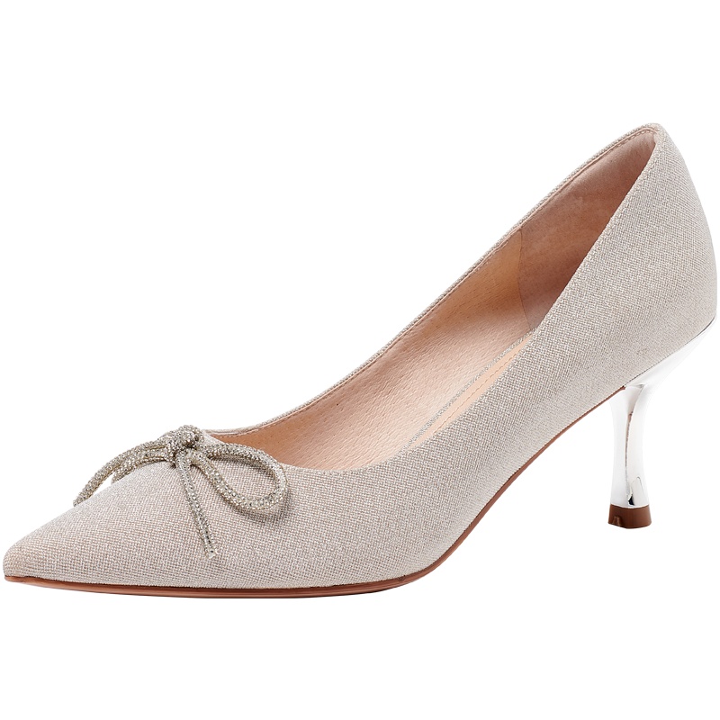 百田森2021秋季新款闪耀新娘鞋女蝴蝶结扣优雅晚宴高跟女单鞋