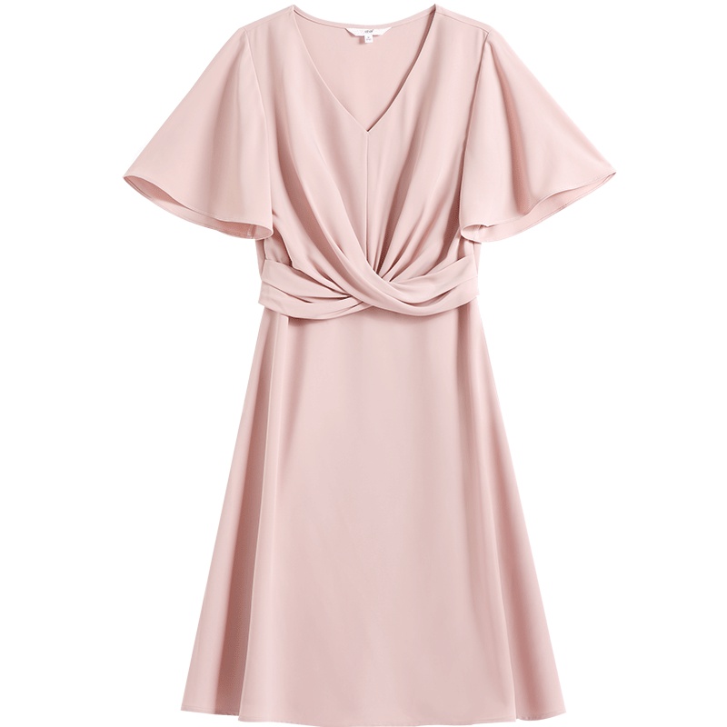 OSA欧莎连衣裙2019新款夏女粉色V领法式桔梗裙收腰显瘦a字裙气质