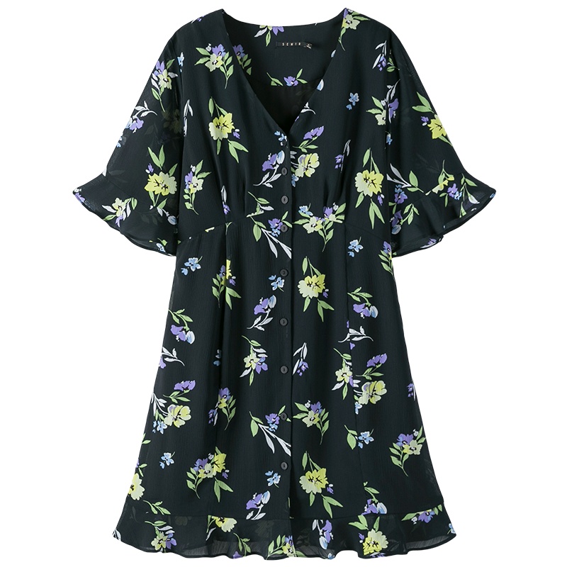 【满198减100预估价：45】Semir森马春秋连衣裙女2019新款V领喇叭袖碎花裙法式田园风复古裙子