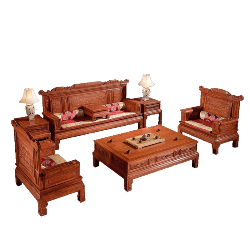 周家庄红木家具非洲花梨(学名:刺猬紫檀)沙发 实木沙发 中式客厅沙发套餐组合 兰亭序沙发 兰亭序123七件套(生漆)