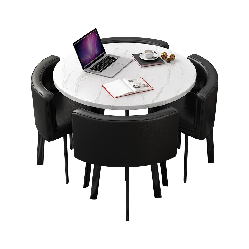 尔迈 洽谈桌椅组合小圆桌休闲桌椅店铺接待桌椅 一桌四椅+黑色(皮椅)仿大理石圆桌