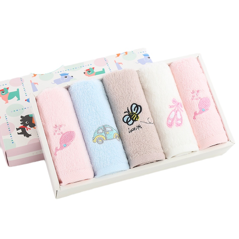 洁丽雅毛巾纯棉卡通洗脸 家用儿童毛巾宝宝柔软吸水小面巾礼盒装5条