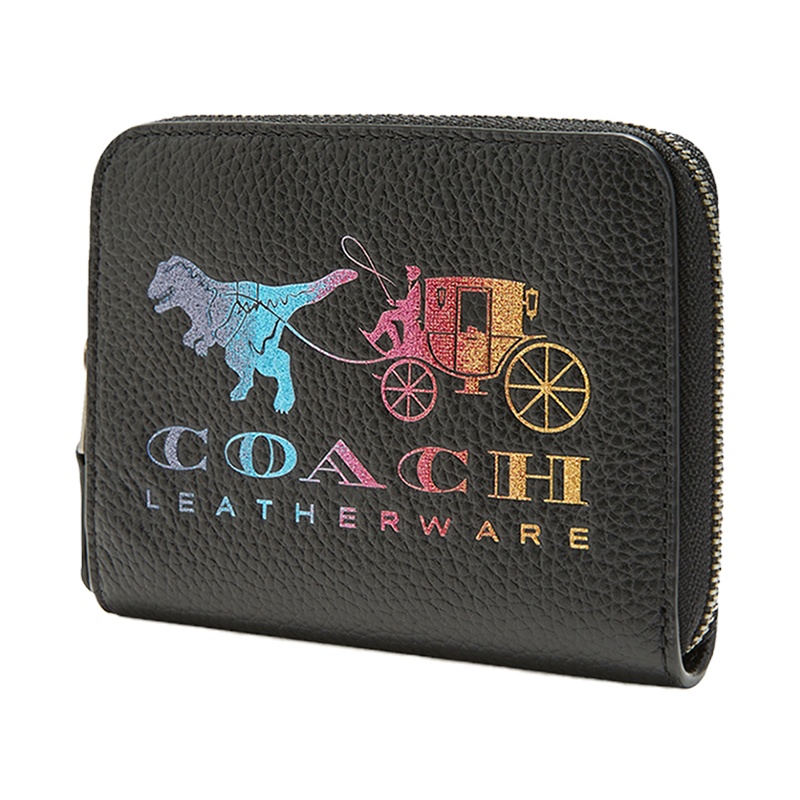 COACH/蔻驰女士牛皮REXY和马车图案小号环绕式拉链钱包69813黑色高端女士钱包/卡包 