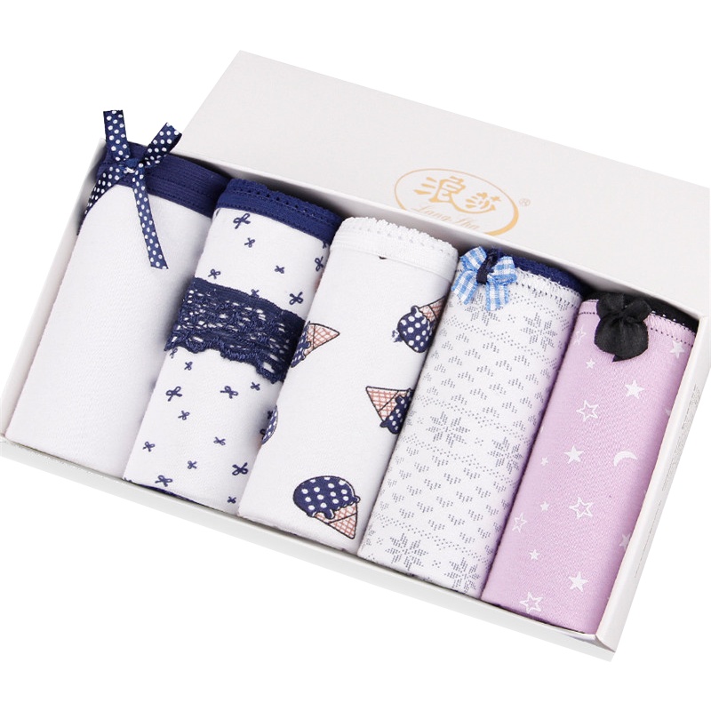 浪莎5条女士中腰高腰内裤女纯棉100%全棉裆性感大码无痕少女三角裤