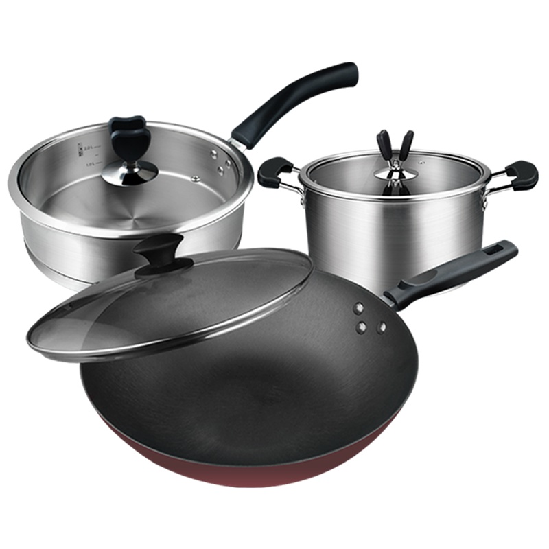 KMW铸铁炒锅三件套GKMWGJX-LHZ0030 中式铸铁炒锅30cm 不锈钢汤锅煎锅 少油烟防焦糊 易清洗锅具 通用