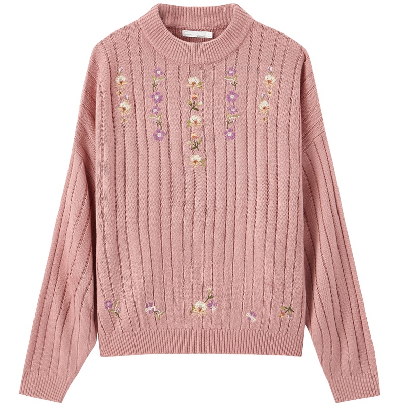 茵曼2019秋装新款半高领宽松文艺绣花夏加尔毛衣女蝙蝠袖休闲上衣