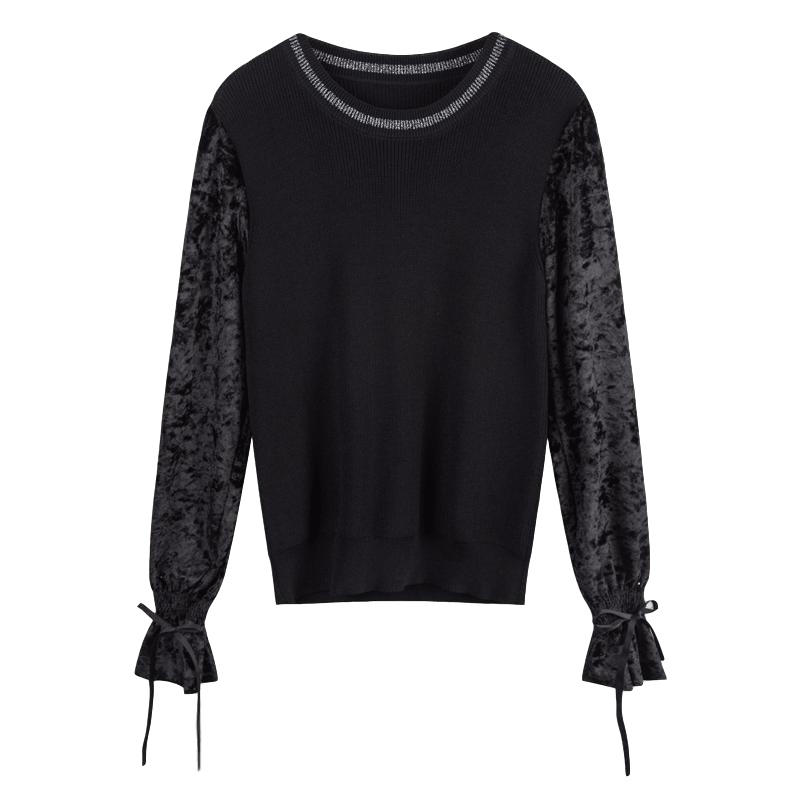 拉夏贝尔丝绒拼接针织衫女新款韩版黑色时尚学生长袖套头上衣