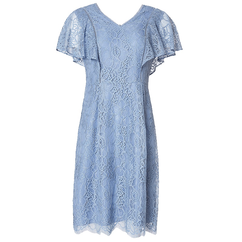 LIEDOW/蕾朵2019夏季新款V领修身时尚蕾丝连衣裙中长款泡泡袖裙女
