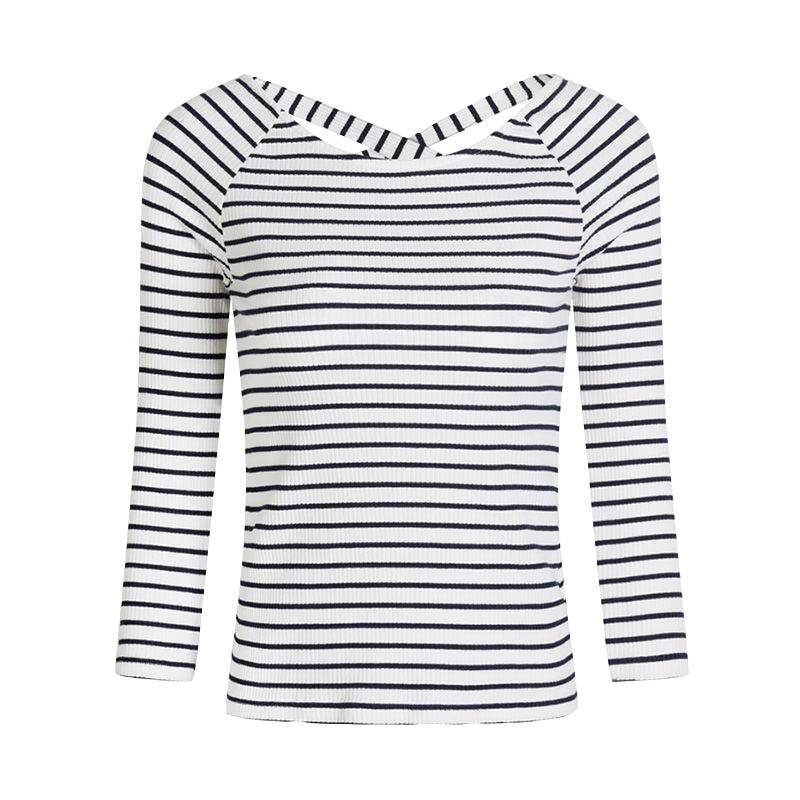 拉夏贝尔puella秋季新款通勤修身七分袖圆领条纹T恤女20009240