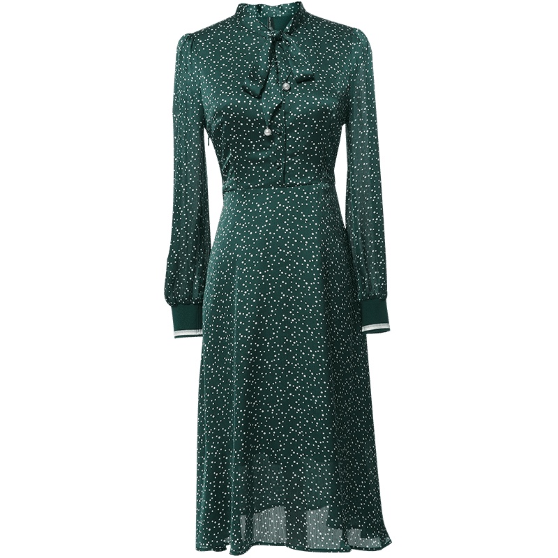 欧昵雪立领蝴蝶结波点印花显瘦收腰连衣裙女长袖