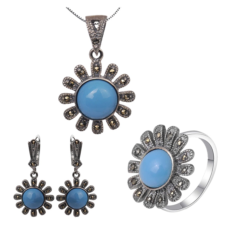 梦克拉 S925银镶仿蓝宝石吊坠耳饰戒指套装 文艺