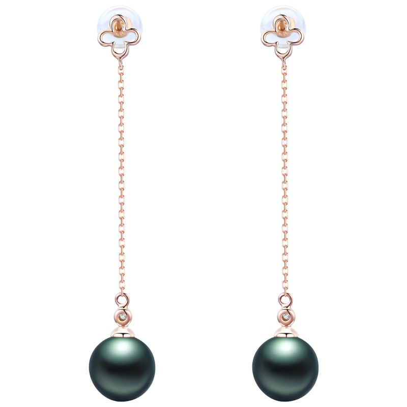 brir 佰色传情 正品8-9MM正圆强光海水珍珠耳饰18K钻石大溪地黑珍珠耳环