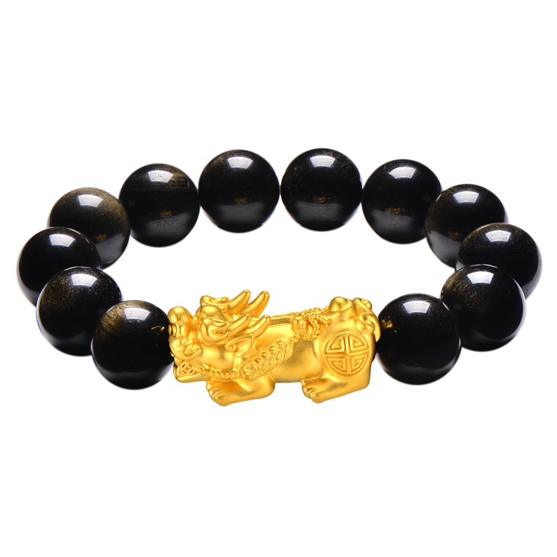 蒂蔻 貔貅黄金手链男士款足金黑曜石路路通手串3D硬金饰品生日礼物送老公