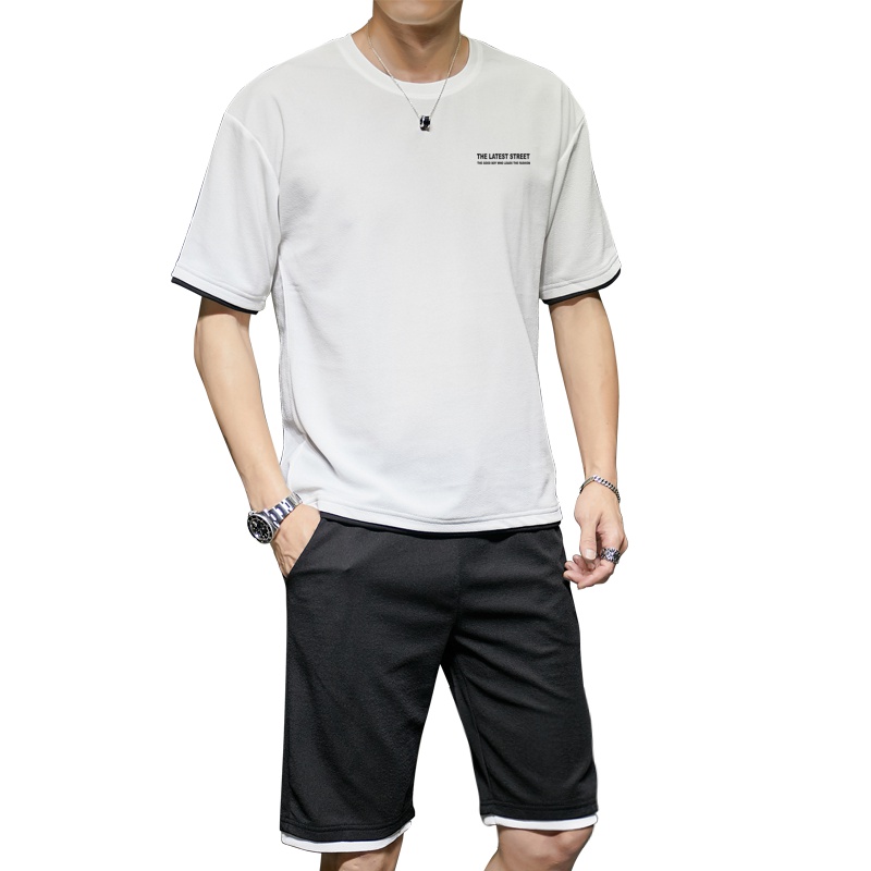 IKOPPOI 2019夏季新款男士短袖套装宽松五分袖印花潮牌 TX961-10