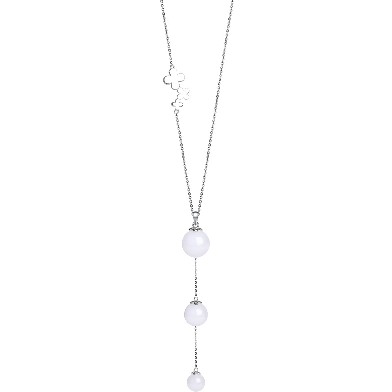 iSTONE/石头记问心京白玉项链黑玛瑙吊坠女四叶草配饰925银链