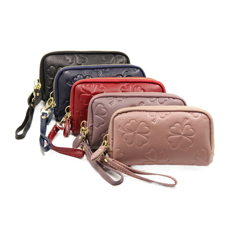 新款女手包四叶草压花双拉链头层牛皮女士休闲手拿包长款真皮钱包钱夹手包 女