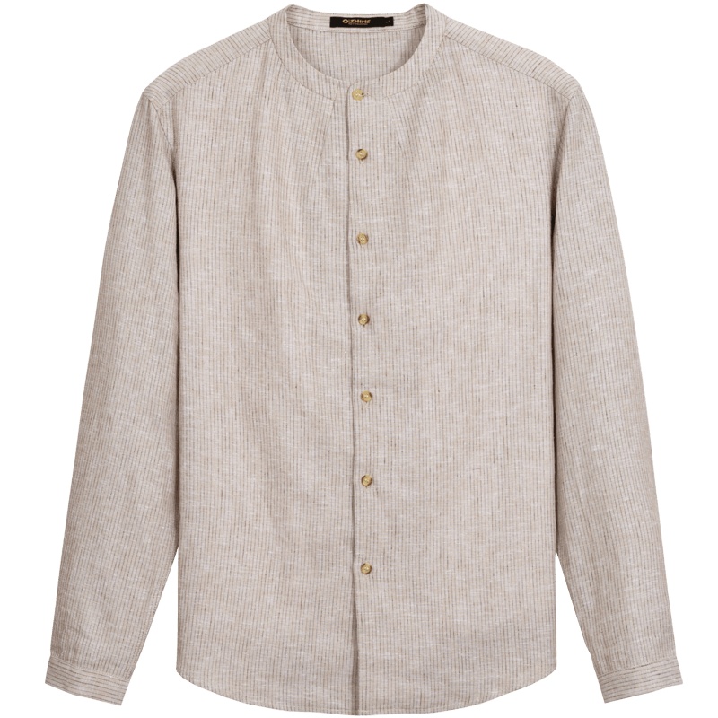 千纸鹤男装男士立领亚麻长袖衬衫2020新款休闲简约条纹衬衣男10248