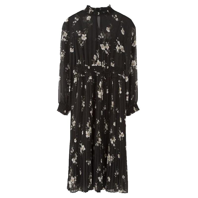 拉夏贝尔春季雪纺长袖女韩版碎花连衣裙气质黑色收腰中长裙子10017650