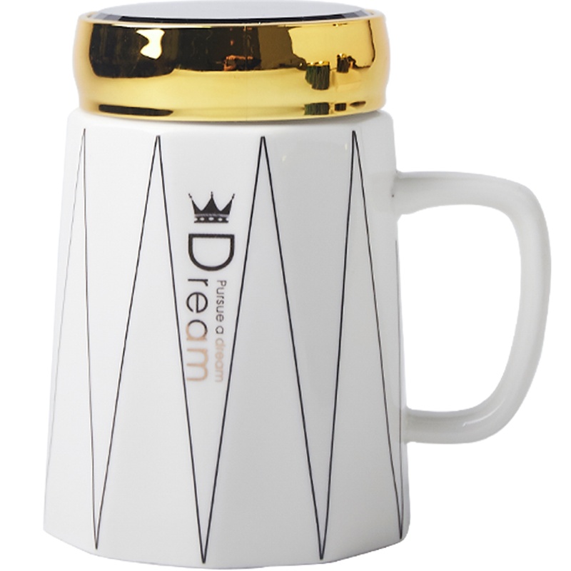 麦可可 创意个性经典办公早餐牛奶情侣家用陶瓷杯品悦马克水杯 带盖470ML富士白