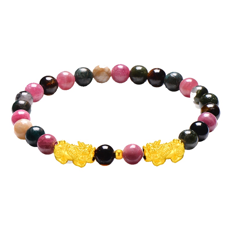 佐喜佑福 貔貅3D硬金黄金珠手链 足金多彩碧玺路路通手串 金重约0.6-0.9g ZXZBZX101Dc