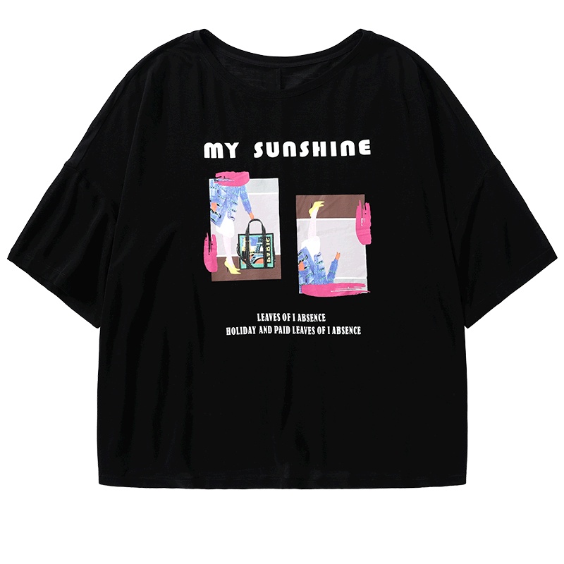 马克华菲女装2020年新款夏黑色宽松t恤女休闲简约印花七分袖上衣