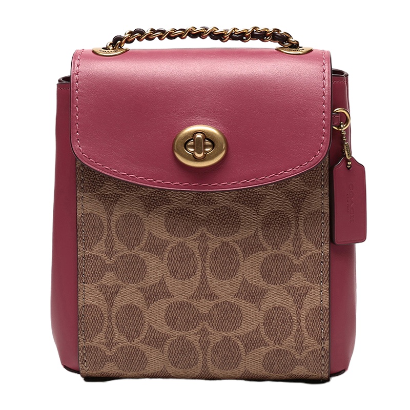 Coach 蔻驰(专柜) 女士卡其色灰粉色小牛皮配涂层帆布双肩包 69650B4PG4