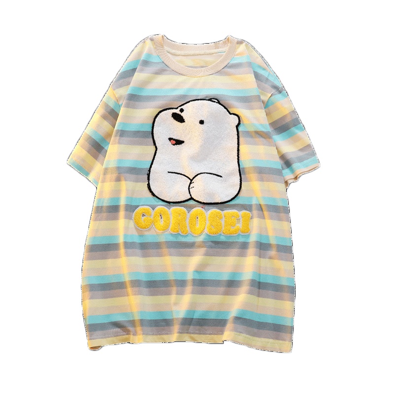 晗亦然可爱白熊条纹短袖学生宽松bf短袖T恤女上衣91509