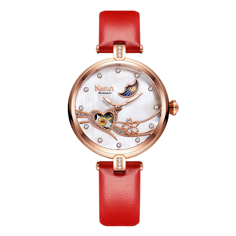 正品尼尚NESUN品牌女士手表全自动机械表 女表防水夜光潮流时尚镶钻心形镂空贝母表盘女表情人送礼腕表9062