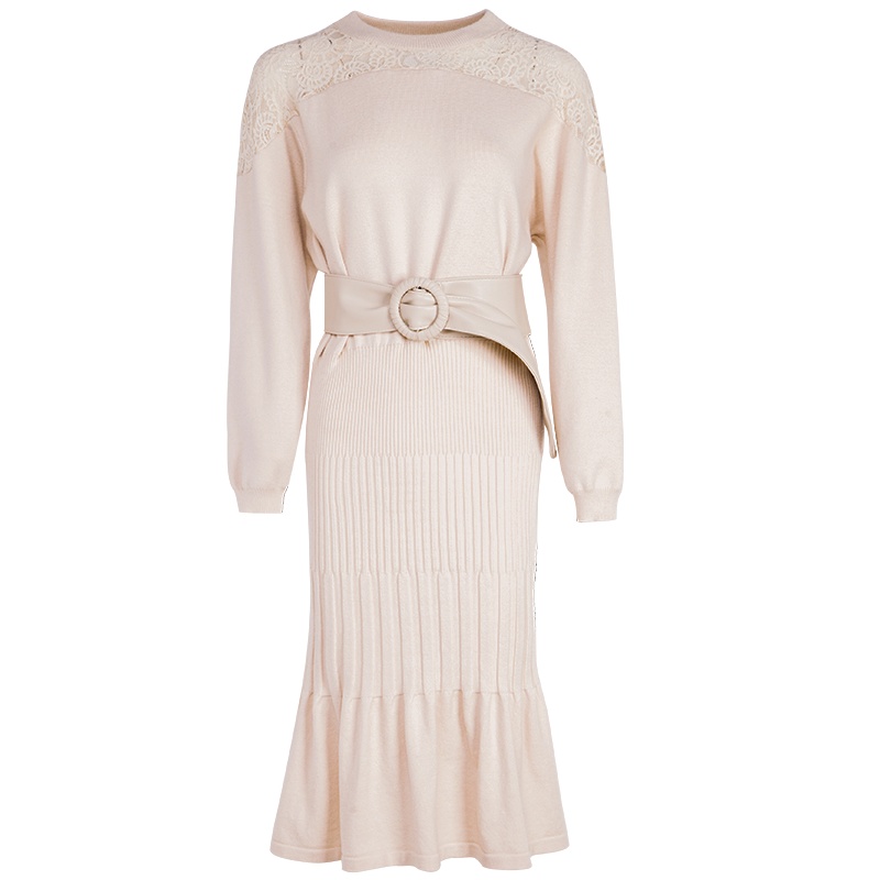 晩白 新品通勤纯色圆领中长款收腰荷叶边长袖针织连衣裙女