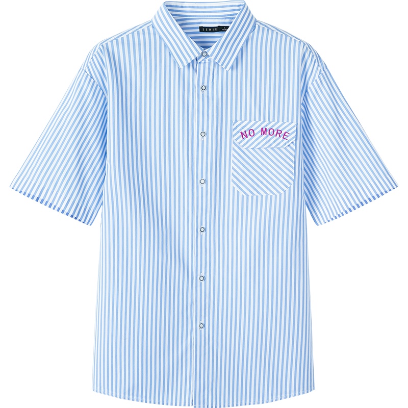 【满198减100预估价：37】森马短袖衬衫男夏季新款宽松显瘦竖条纹衬衣字母刺绣上衣男士寸衫