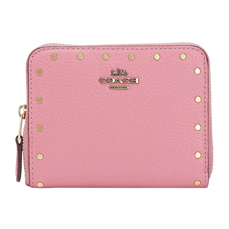 自营 新品 蔻驰 COACH 女士专柜款皮革铆钉钱包钱夹玫红色短款 31811 B4/RO