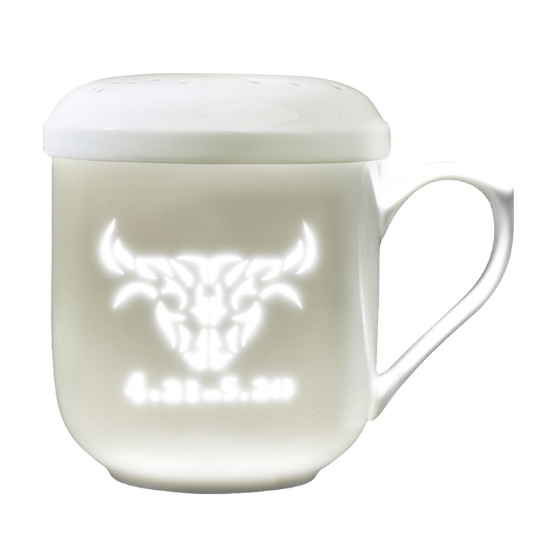 泡茶茶水分离茶杯带盖过滤杯玲珑白瓷马克杯景德镇星座杯 金牛座